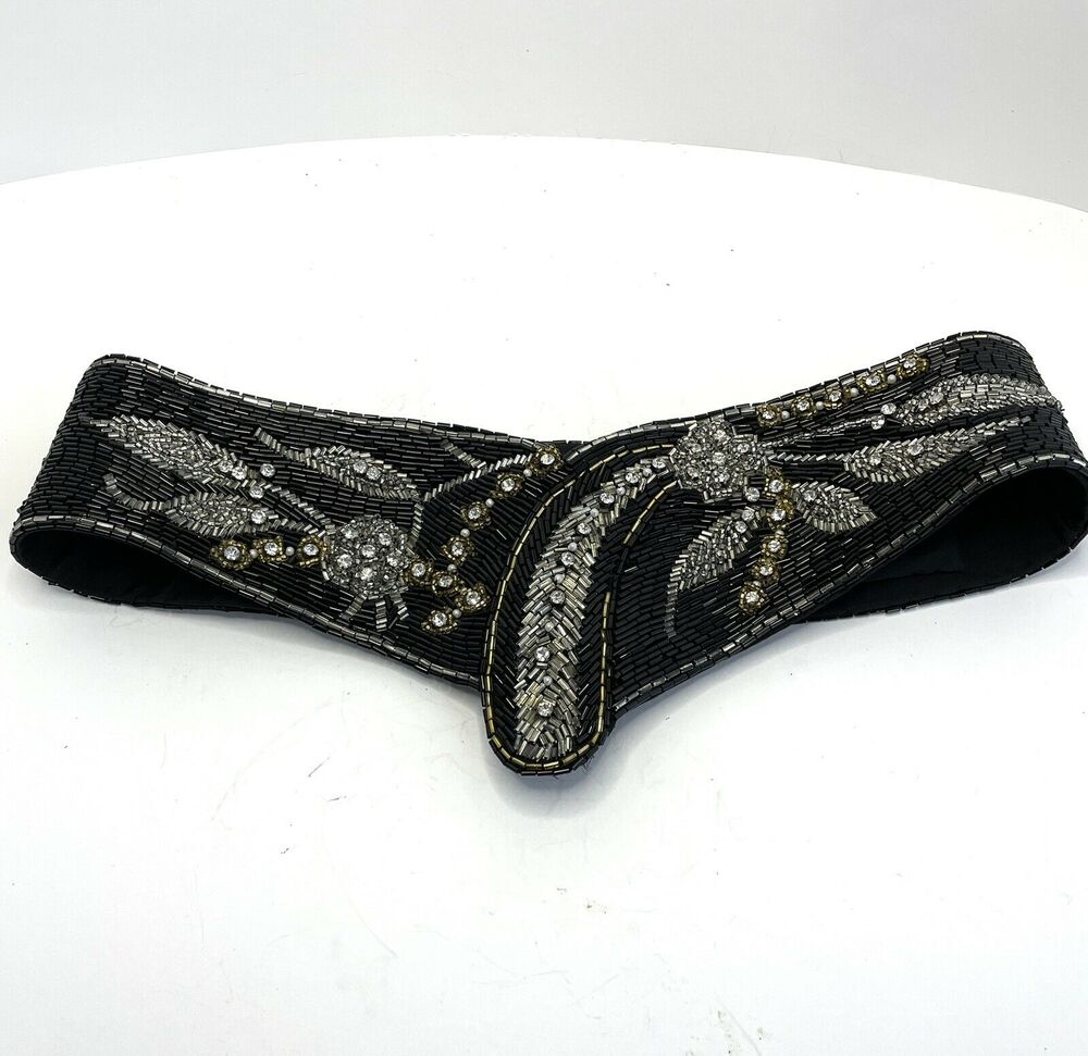 Vintage Jeromes Black Beaded Embellished Statement Belt Size 26